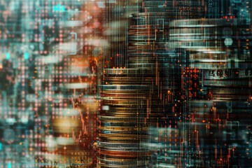 Dynamic fusion of digital information and stacked currency, illustrating modern financial technology and economic evolution.