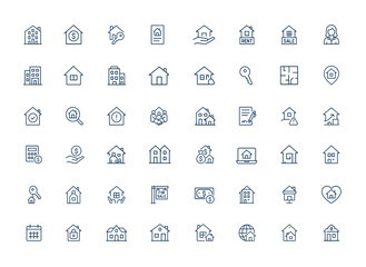 Linear style real estate icons with outline vector design. Housing loans, mortgages, property buying, selling, and renting. Modern pictogram set for home, apartment, realty and more.