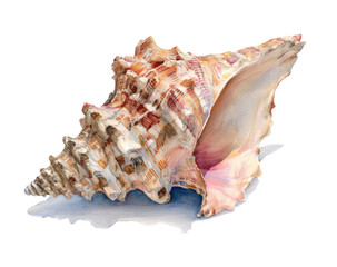 Obraz premium Detailed watercolor rendering of a large seashell. Colorful, intricate patterns on a light-pink, beige, and brown shell. Three-dimensional form
