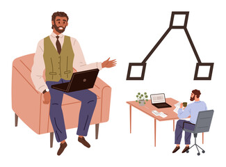 Manager explaining workflow using laptop, employee working at desk, connected diagram visual. Ideal for teamwork, leadership, mentoring, communication, planning, career growth simple flat metaphor
