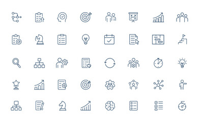 Strategic action plan icon pack — linear outline vector icons for planning, collaboration, goal setting, task management, analysis, scheduling, project workflow, business strategy and more.