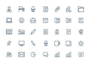 Office workplace line icons: linear outline vector of worker, tools, stationery, equipment, office items, business symbols, professional workspace, corporate essentials, productivity and more.