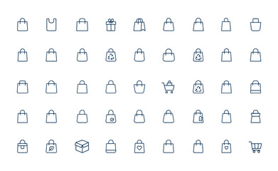 Linear outline icons set of shopping bags: paper, plastic, eco packaging, gift, shopper essentials, reusable tote, retail shopping, minimalistic vector pictograms, modern design and more.