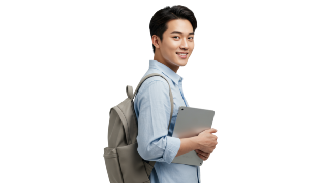 Young diverse adult, confident smile, smart-casual, holding textbook, backpack, in pristine minimalist studio with soft grey background and bokeh, optimistic learning concept