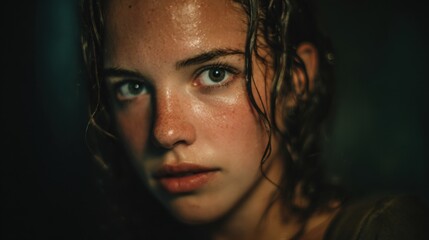 a woman with wet hair and a green eyes