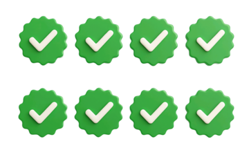 Eight green checkmarks with jagged edges isolated on a transparent background isolated on transparent background