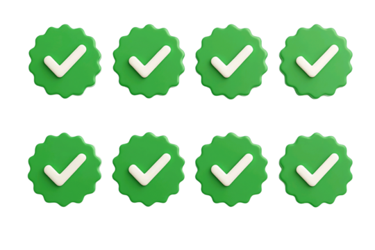 Eight green checkmarks with jagged edges isolated on a transparent background isolated on transparent background