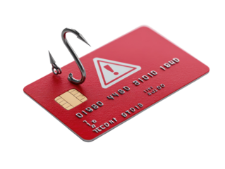 A red credit card is hooked by a fishing lure, symbolizing online fraud
