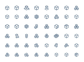 Geometric cube and block module icons, linear outline vector symbols of product shapes, models, and structure elements, modern minimalistic design pictograms, scalable graphics and more.