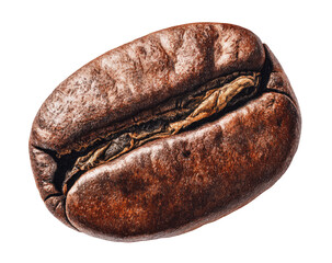Close-up of a single, roasted coffee bean.  Dark brown bean with visible texture and details.  High resolution image, showing natural imperfections