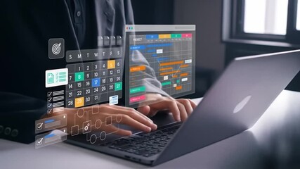 Person using laptop with interactive calendar and project management software overlay - Powered by Adobe