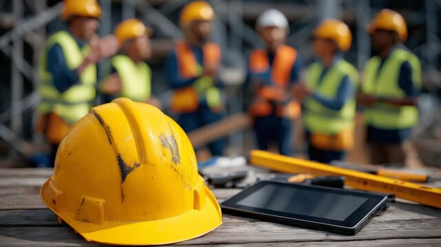 A scuffed hard hat on a rustic table with a digital tablet and measuring tools, set against a backdrop of a team in safety vests and helmets engaged in discussion.
