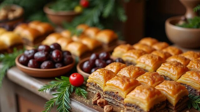 Elegant Middle Eastern sweet buffet with golden phyllo pastries and premium date varieties

