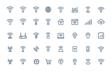 Wireless Wi-Fi signal line icons set. Online, offline, hotspot, internet, connect, network outline vector pictograms in linear style for digital communication, connectivity, technology and more.