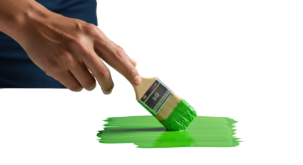 A diverse human hand holds a modern paintbrush with vibrant green tips, poised over a transparent surface with an abstract green stroke. Concept of sustainable innovation