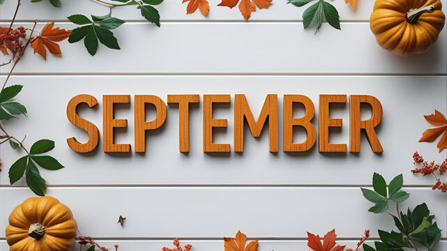 September's Embrace: A warm, inviting tableau featuring the word September, artistically arranged with autumnal elements like pumpkins and leaves. This image evokes the spirit of fall's arrival.
