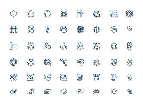 Linear outline icons set of fabric and textile materials: cotton, leather, silk, wool, bamboo, synthetics, waterproof, windproof features, textile texture, material pattern, cloth fibers and more.