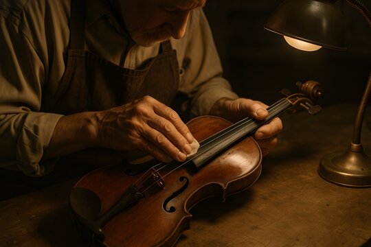 Elderly luthier carefully restoring a violin under warm light, symbolizing tradition, craftsmanship, and musical heritage