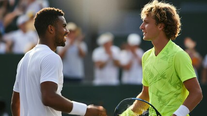 Two male tennis players shaking hands after a match outdoors   - Powered by Adobe