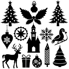 A set Of Christmas Elements, Vector Silhouette Art Elements For Christmas, Christmas silhouette icon set,  Christmas silhouette icon set