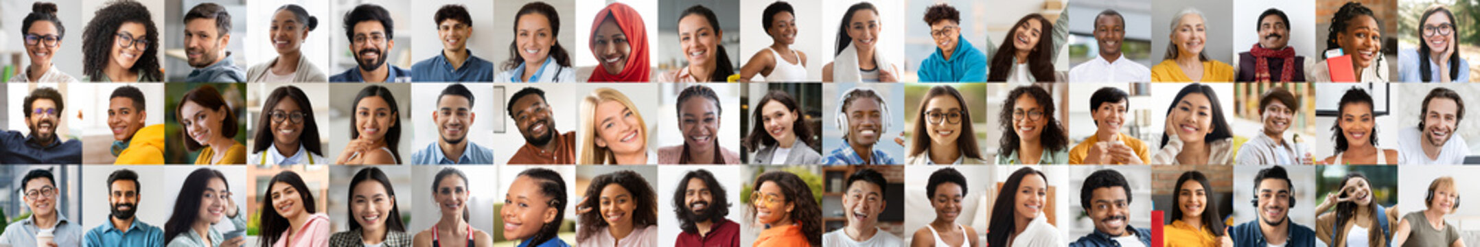 A vibrant collection of diverse individuals sharing joyful expressions in a series of close-up portraits. Each person reflects a unique background, celebrating unity in diversity.