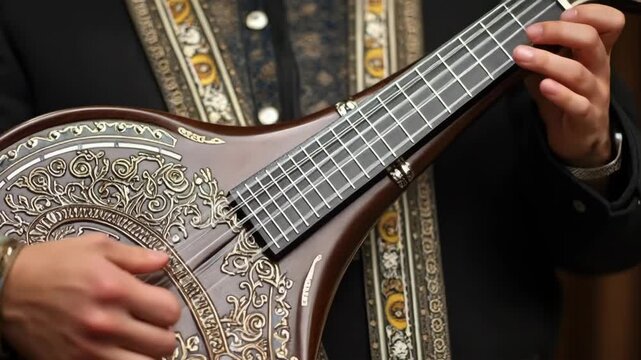 Detailed view of traditional Middle Eastern string instrument with decorative craftsmanship


