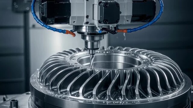 Motorized milling head sculpting the complex geometry of a hydro turbines stator segment.