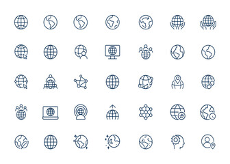 Global sphere and earth outline icons set: linear style vector pictograms featuring world, population, planet, global network, international connection, geography, digital mapping, eco and more.