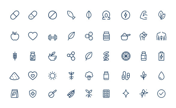 Vitamin, probiotic, capsule, pill, fiber, omega, antioxidant dietary supplement and natural herbal food additive outline icon set, energy, protein, health, wellness, nutrition and more.