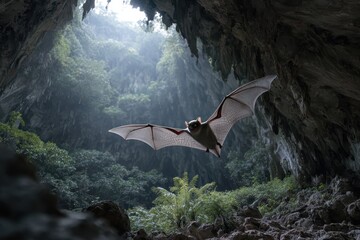 Flying bat in a stunning cave with lush vegetation and ethereal light filtering through the opening creates a surreal atmosphere in a natural habitat
