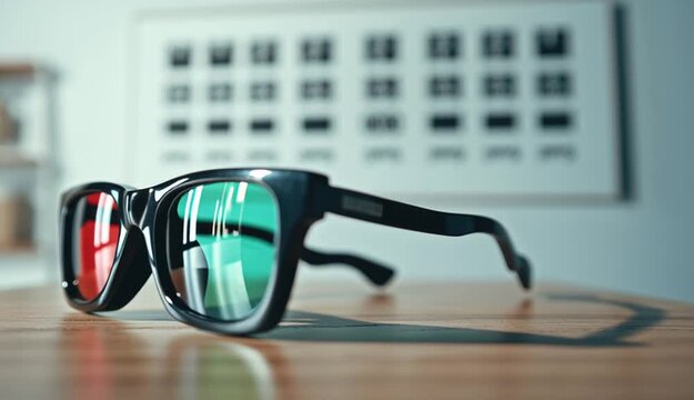 Anaglyph 3D glasses with red and green lenses on wooden table, eye test chart in background, optometry concept, black frame glasses with red right lens and green left lens