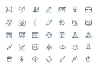 Linear style line icons set for graphic design, creativity, and ideas. Outline pictograms of software, art tools, design concepts, infographic elements, UI symbols, and digital assets and more.