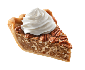 A mouthwatering slice of pecan pie with a generous topping of whipped cream.