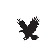 Powerful Silhouette of a Soaring Eagle.A bold, black silhouette of an eagle in flight against a plain white background.
