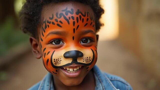 Child with tiger face painting enjoying birthday party games in garden setting

