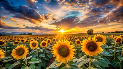Fototapeta premium Golden Hour in Sunflower Field Breathtaking Sunset Over Blooming Flowers with Dramatic Clouds and Warm Light