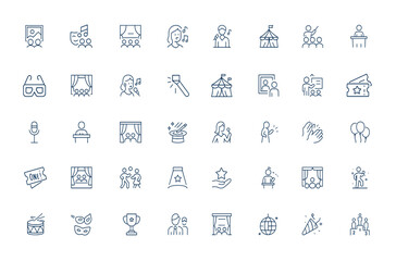 Linear style outline icons series - Entertainment and leisure symbols: concert, theater, cinema, circus, exhibition, opera, philharmonic, performance, show, event, culture and more.
