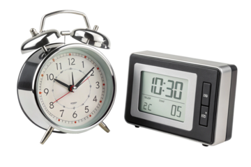 Analog vs digital alarm clock isolated on white