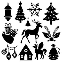 A set Of Christmas Elements, Vector Silhouette Art Elements For Christmas, Christmas silhouette icon set,  Christmas silhouette icon set