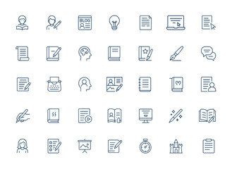 Creative storyteller linear icons set. Writer, author, blog, copywriting, content, idea, book writing, story, outline vector symbols in modern linear style for digital design, publishing and more.