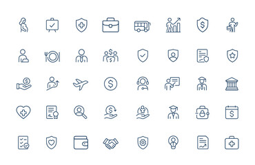 Linear outline icons set of employee benefits featuring maternity leave, paid leave, company transport, bonuses, meals, insurance, dismissal protection and more. Vector illustration and more.