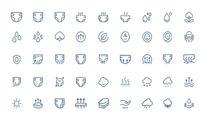 Breathable baby diaper and pants line icons set. Softness, absorbency, cotton surface, air permeability, baby care symbols, health, hygiene, infant, Linear outline pictogram series for infographics.