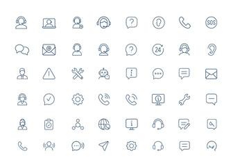 Customer support and help line icons set. Technical assistance, consumer service, contact, SOS, question, Linear outline vector icons. Service pictogram series, call center, hotline and more.