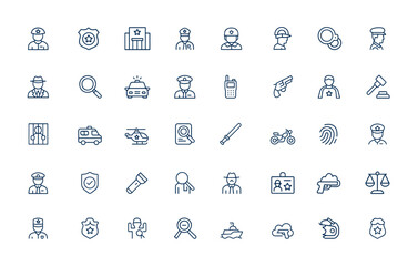 Linear style police icons set. Outline pictogram series featuring law enforcement, public safety, security, policeman, police department, service, order, protection, crime prevention and more.