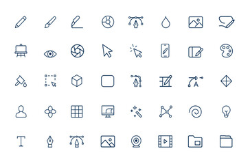 Linear style outline icons set for graphic design, creativity, and software tools. Conceptual infographic and pictogram set for art, design, idea, digital, user interface, UI, vector, modern and more.