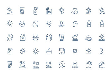 Sun protection line icons set in linear outline style. Vector icon pack featuring sunscreen, tanning, UV defense symbols. Web icons for skin care, summer safety, health, outdoor protection and more.