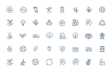 Linear style outline icon series featuring net zero, carbon, green energy, recycling, and green planet concepts. Conceptual infographic pictograms for sustainability, eco-friendly and more.