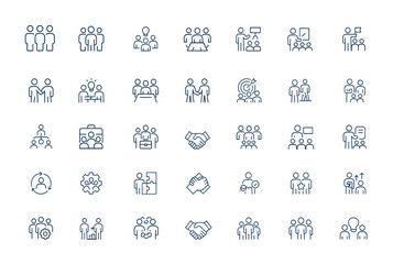 Linear outline icon series featuring teamwork and business group concepts. Editable stroke icons of team, work, business people, collaboration, infographic, pictogram, office, management and more.