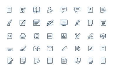 Linear style outline icons set text and writing concepts, author, copywriting, book, read, words, writer icons, literature, content, publishing, Conceptual web pictogram for editorial and more.