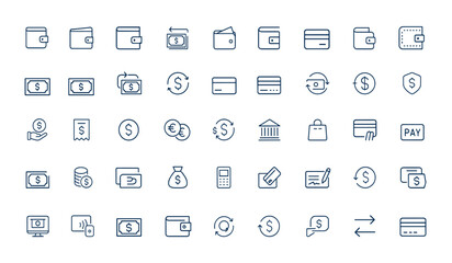 Linear wallet icon pack featuring outline purse, billfold, payment, money transfer, bank card, credit, and pay symbols. Editable vector pictogram in modern linear style, finance banking and more.